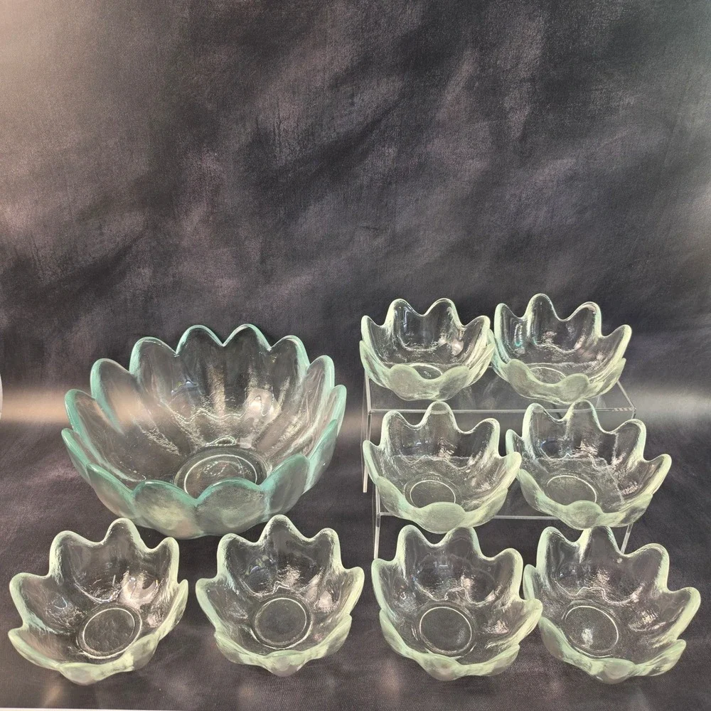 Blenko‎ 6143L Lotus Serving Bowl Set w 8 Matching 6143S Bowls in Crystal